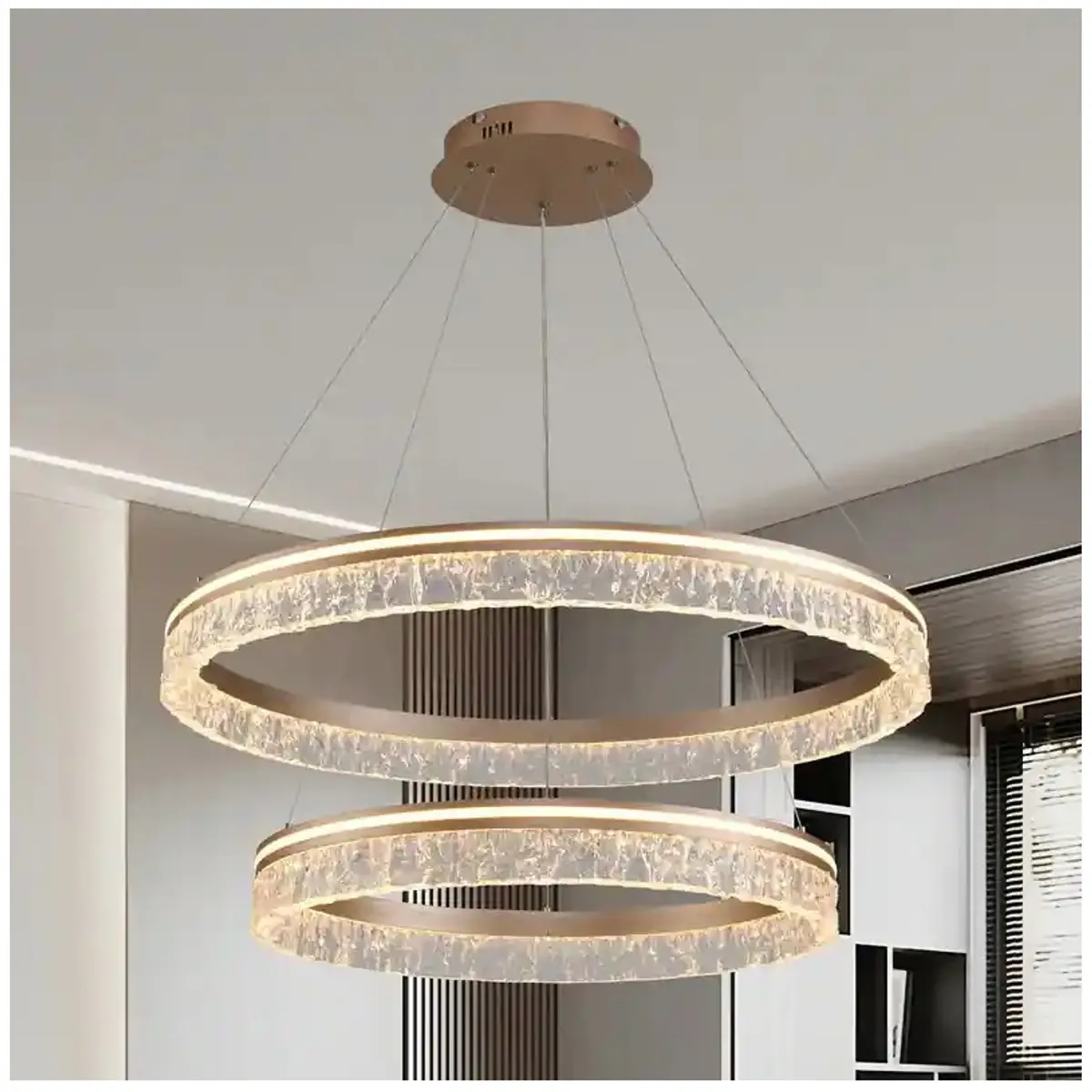 GENERICO - Lampara colgante led de 2 anillos champan incluye control remoto