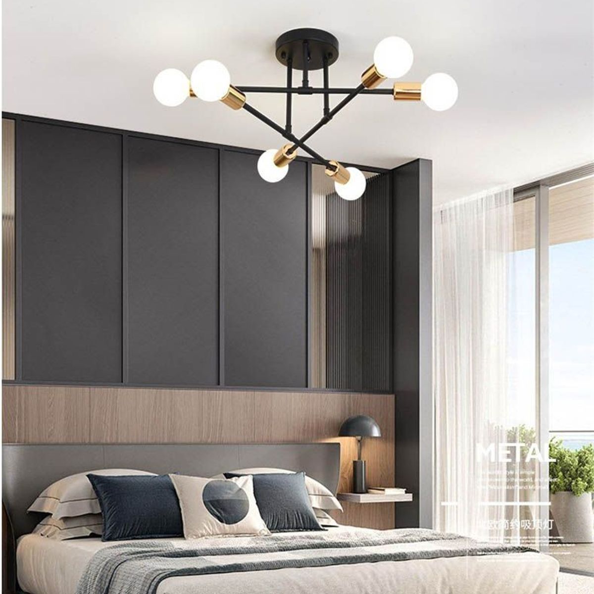 GENERICO - Lámpara colgante modelo araña color negro - Incluye seis bombillas