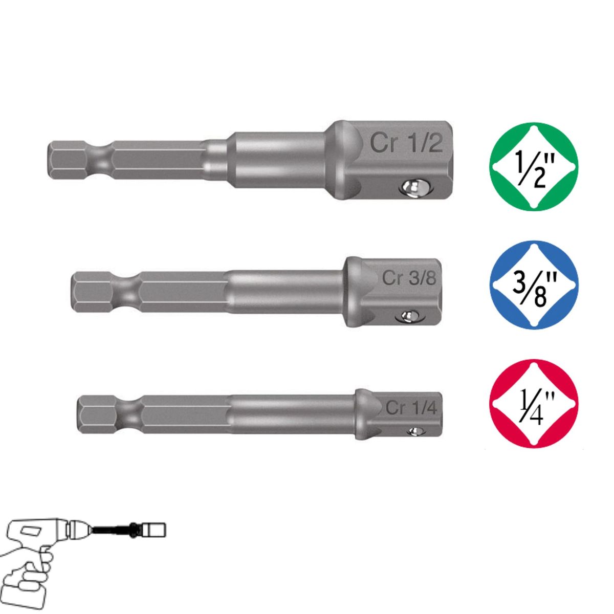 TRUPER - Adaptadores para dados taladro atornillador 3 pzas 1/4",  3/8" y 1/2"