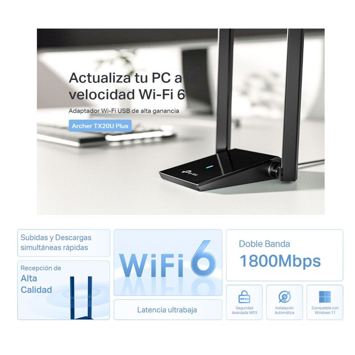 TP LINK - Adaptador USB Tp-Link Wi-Fi 6 con 2 Antenas Archer AX1800 TX20U Plus