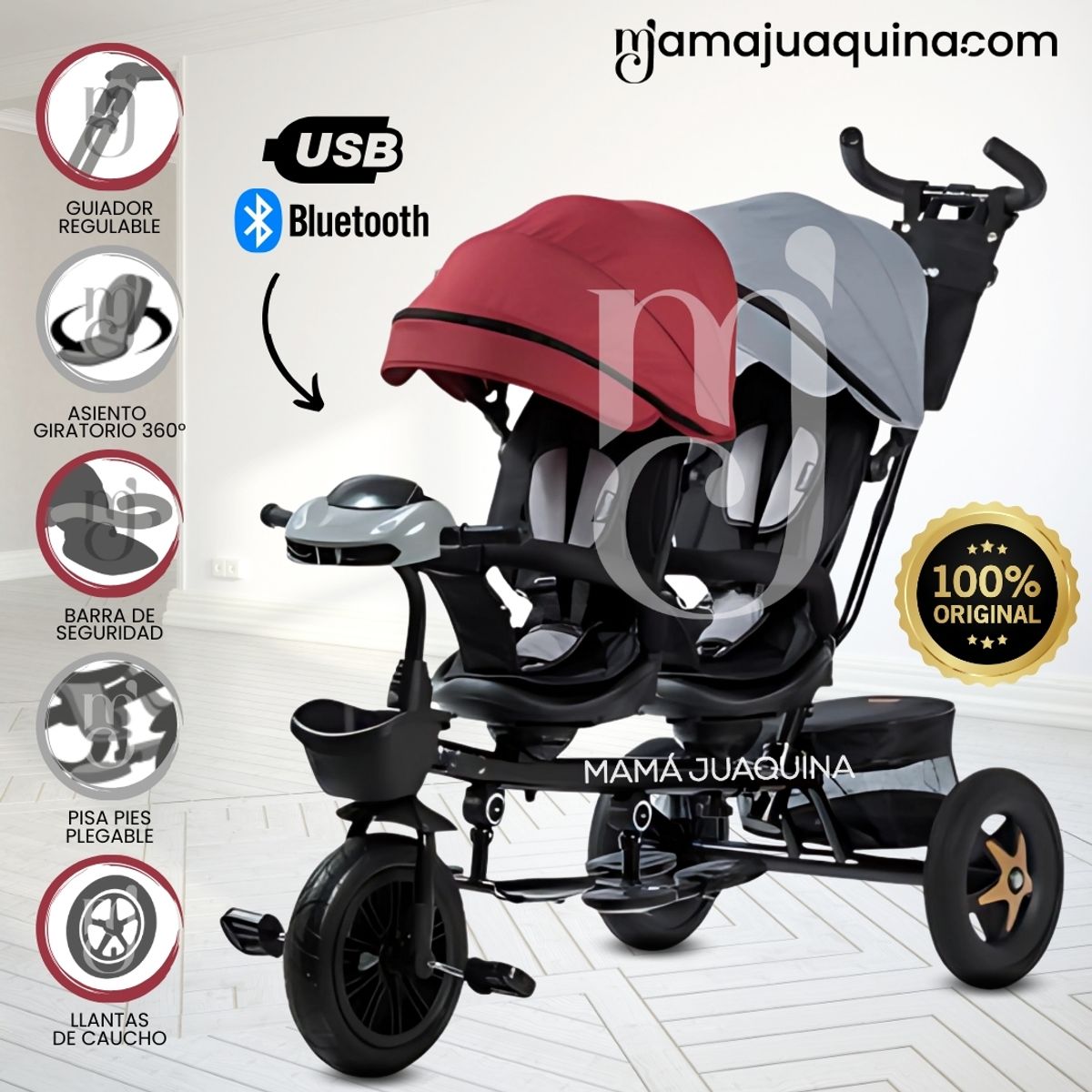 EBABY - Triciclo Guiador Gemelar «TWIN RACE» Edición Limitada RedGray