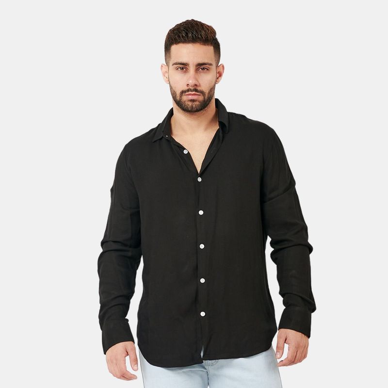 SAN COSME - Camisa Manga Larga Hombre Negro Lino Rayon