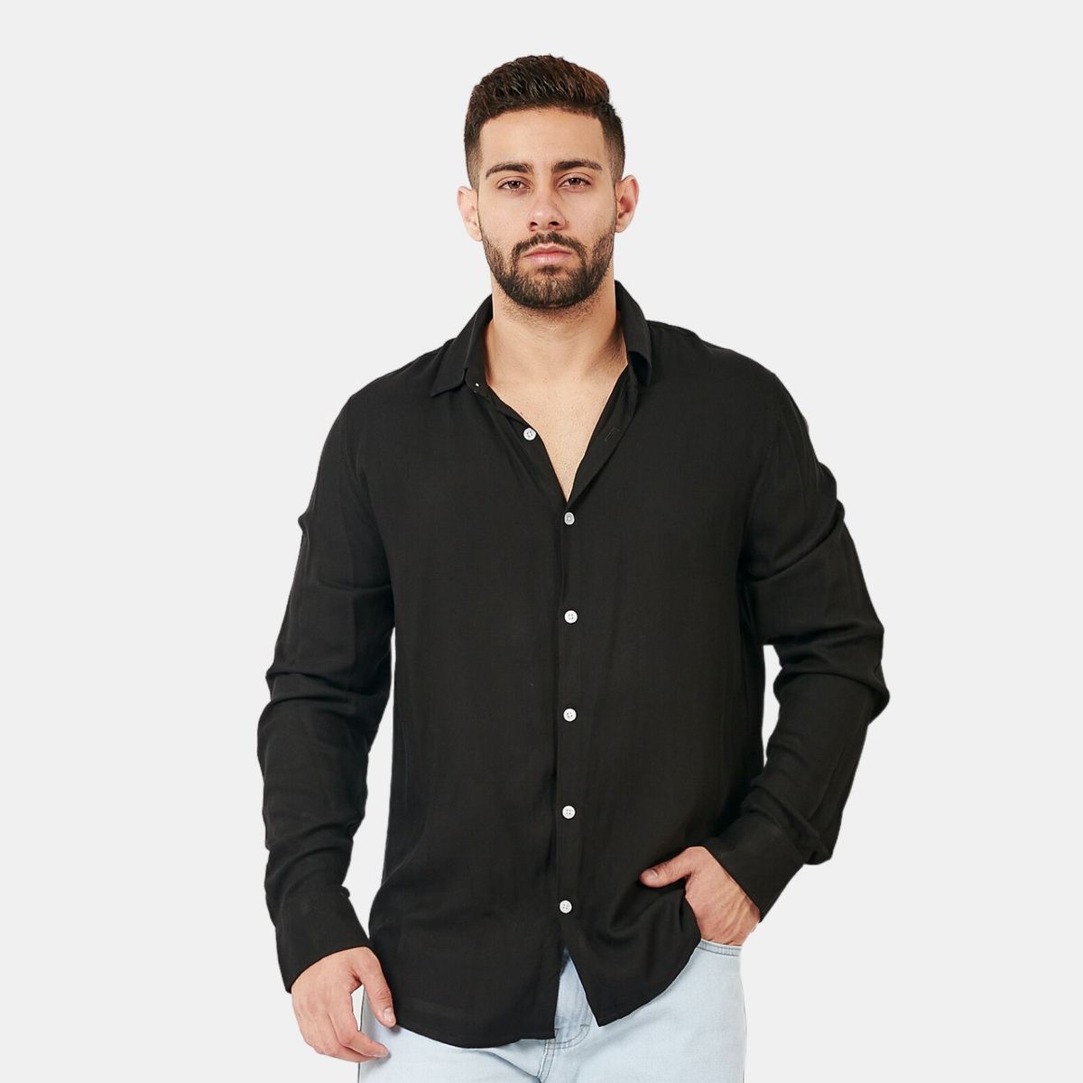 SAN COSME - Camisa Manga Larga Hombre Negro Lino Rayon