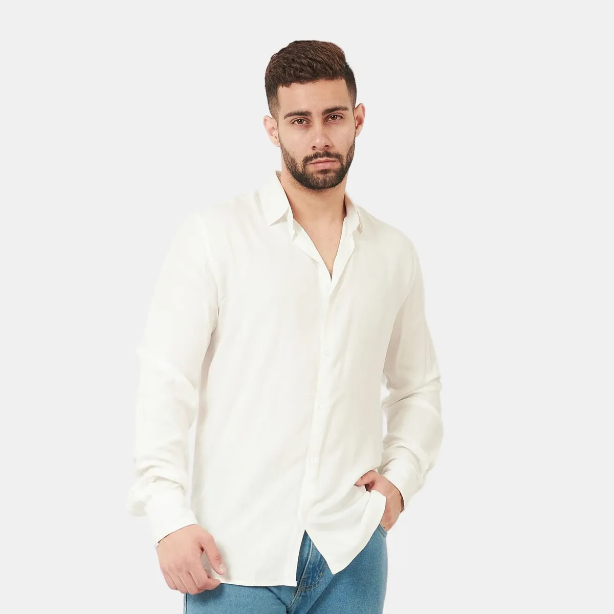 SAN COSME - Camisa Manga Larga Hombre Perla Lino Rayon