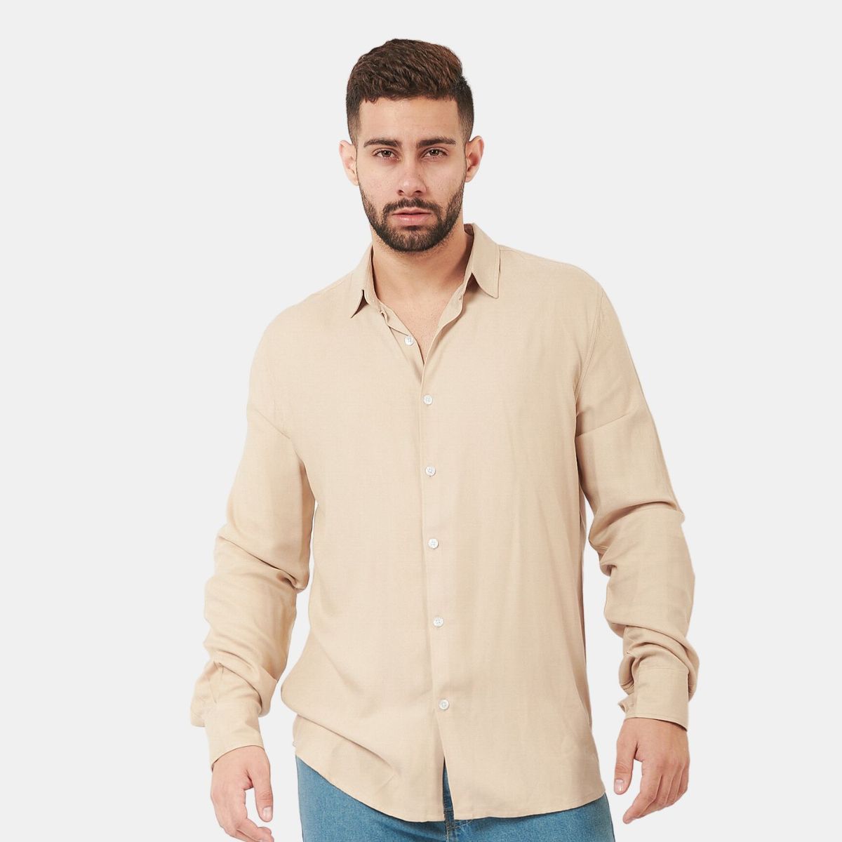SAN COSME - Camisa Manga Larga Hombre Beige Lino Rayon