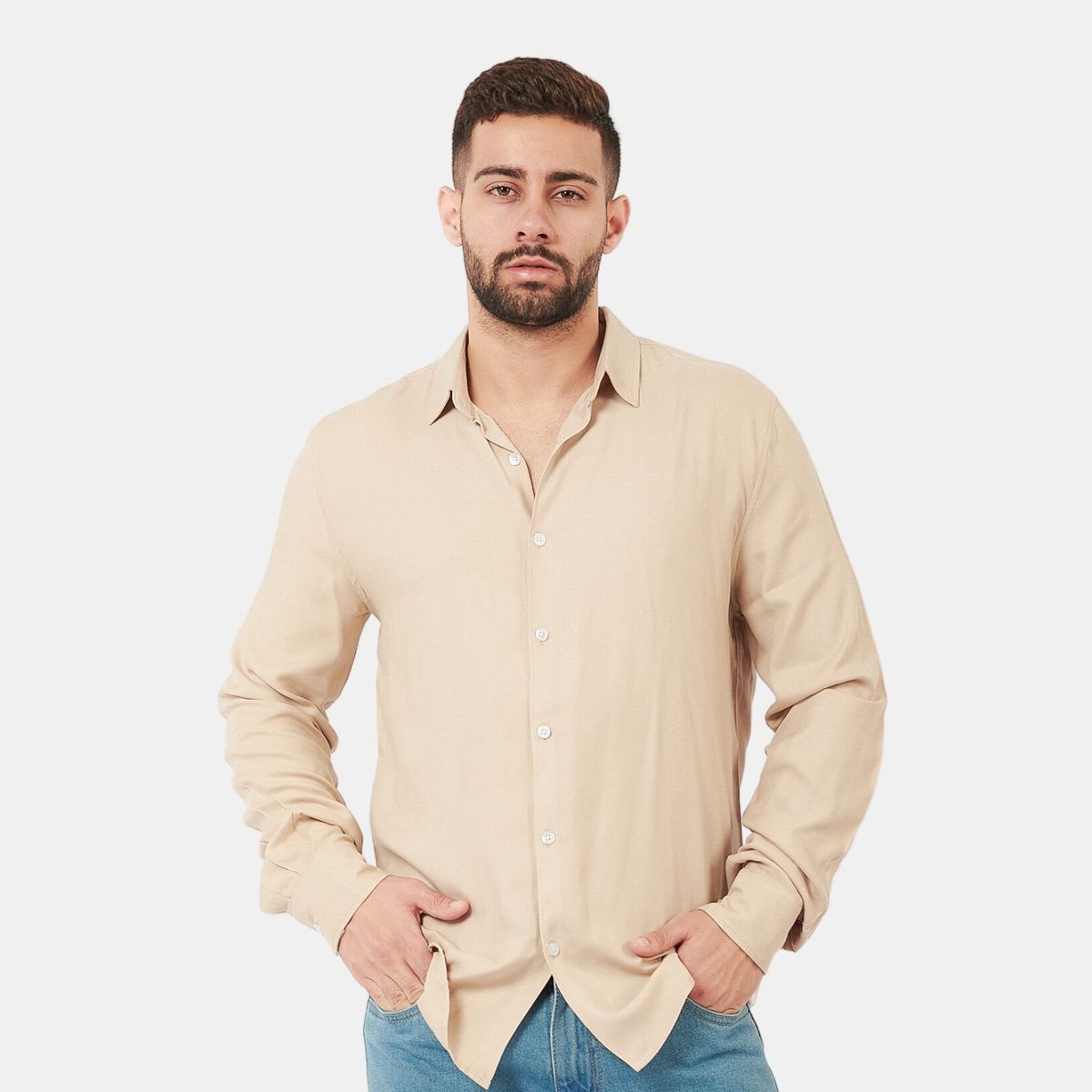 SAN COSME - Camisa Manga Larga Hombre Beige Lino Rayon
