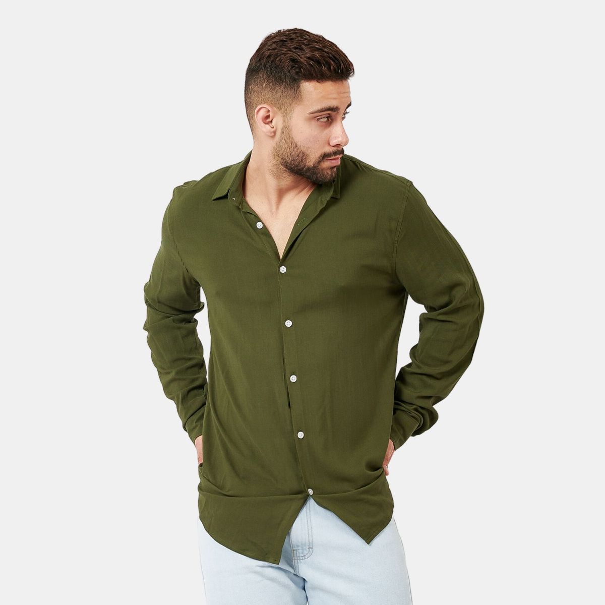 SAN COSME - Camisa Manga Larga Hombre Verde Lino