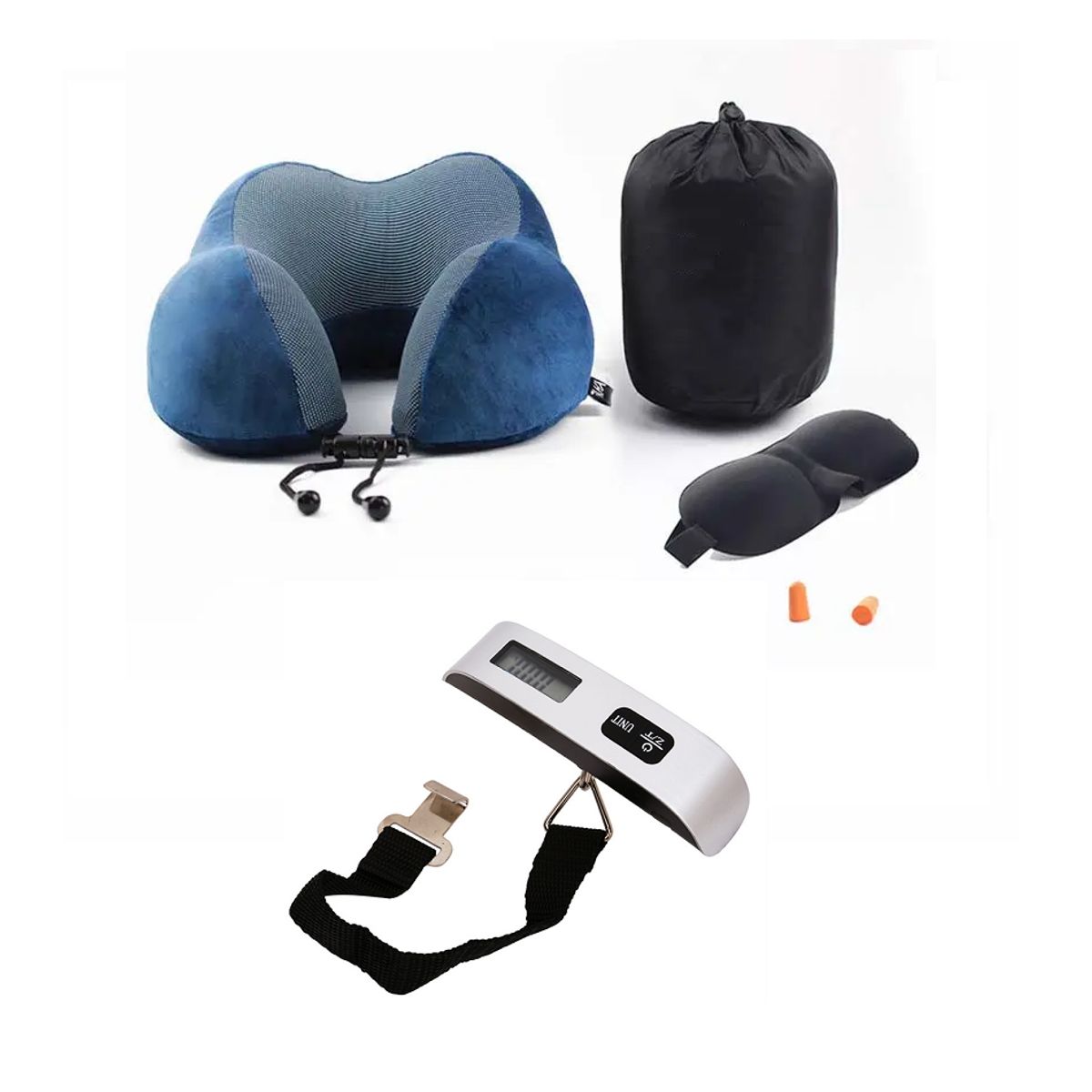 JPSYSTEMS - Combo Cojin de viaje espuma viscoelástica azul + Tapaoido + Tapaojos + 1 balanza de maleta 50kg