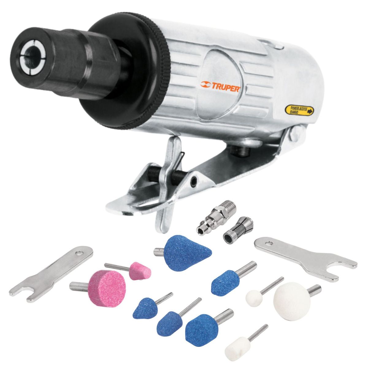 TRUPER - Kit mini esmeriladora neumático, 16 piezas, 1 maletín TRUPER