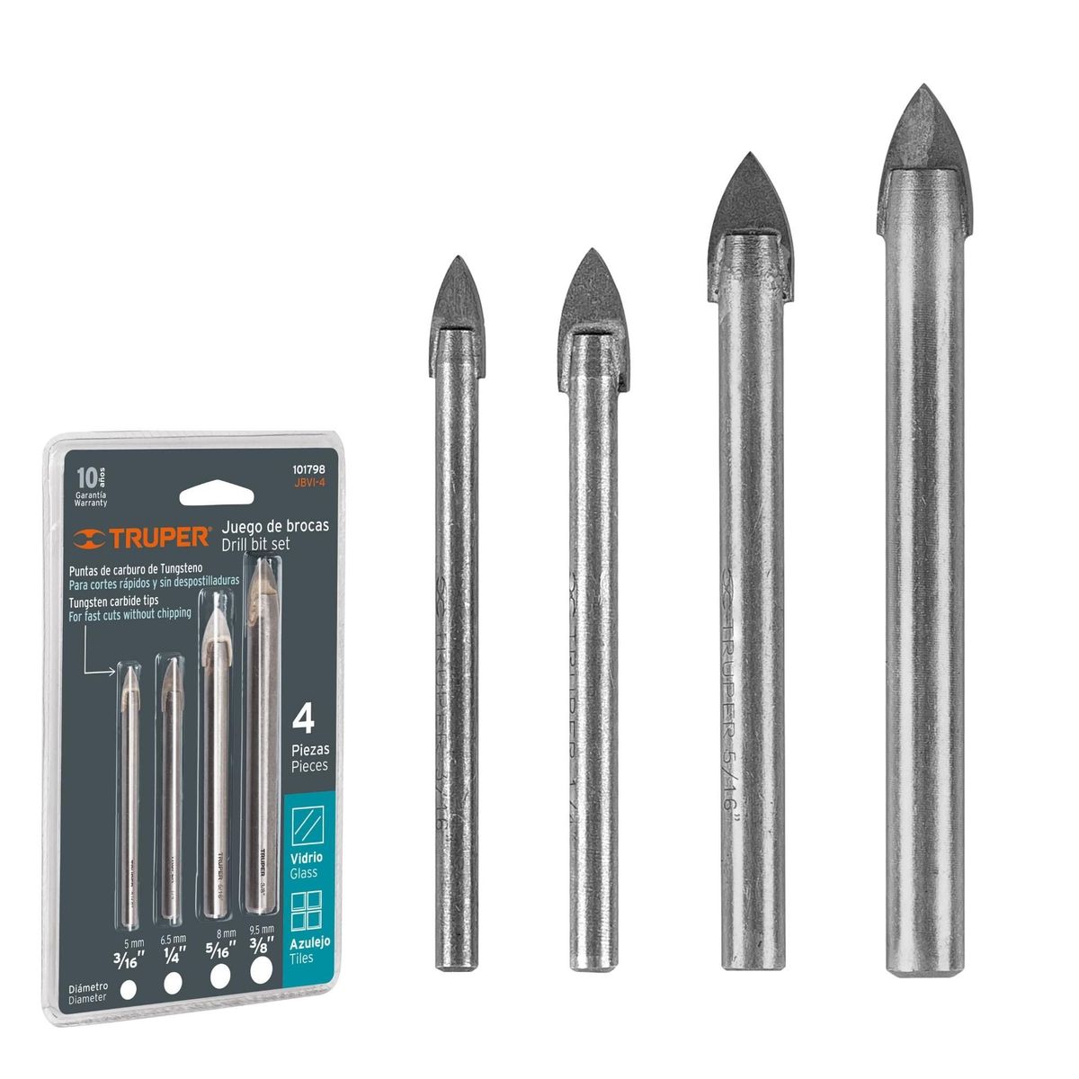 TRUPER - Juego de brocas para vidrio y mayólica 4 piezas, Truper