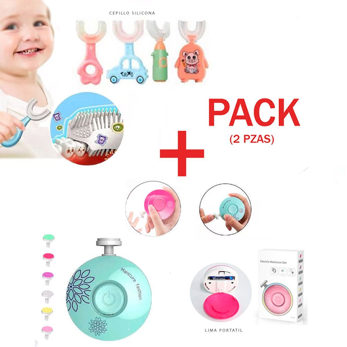 GENERICO - Pack 1 Limador Pulidor de Uñas Eléctrico + 1 cepillo en U