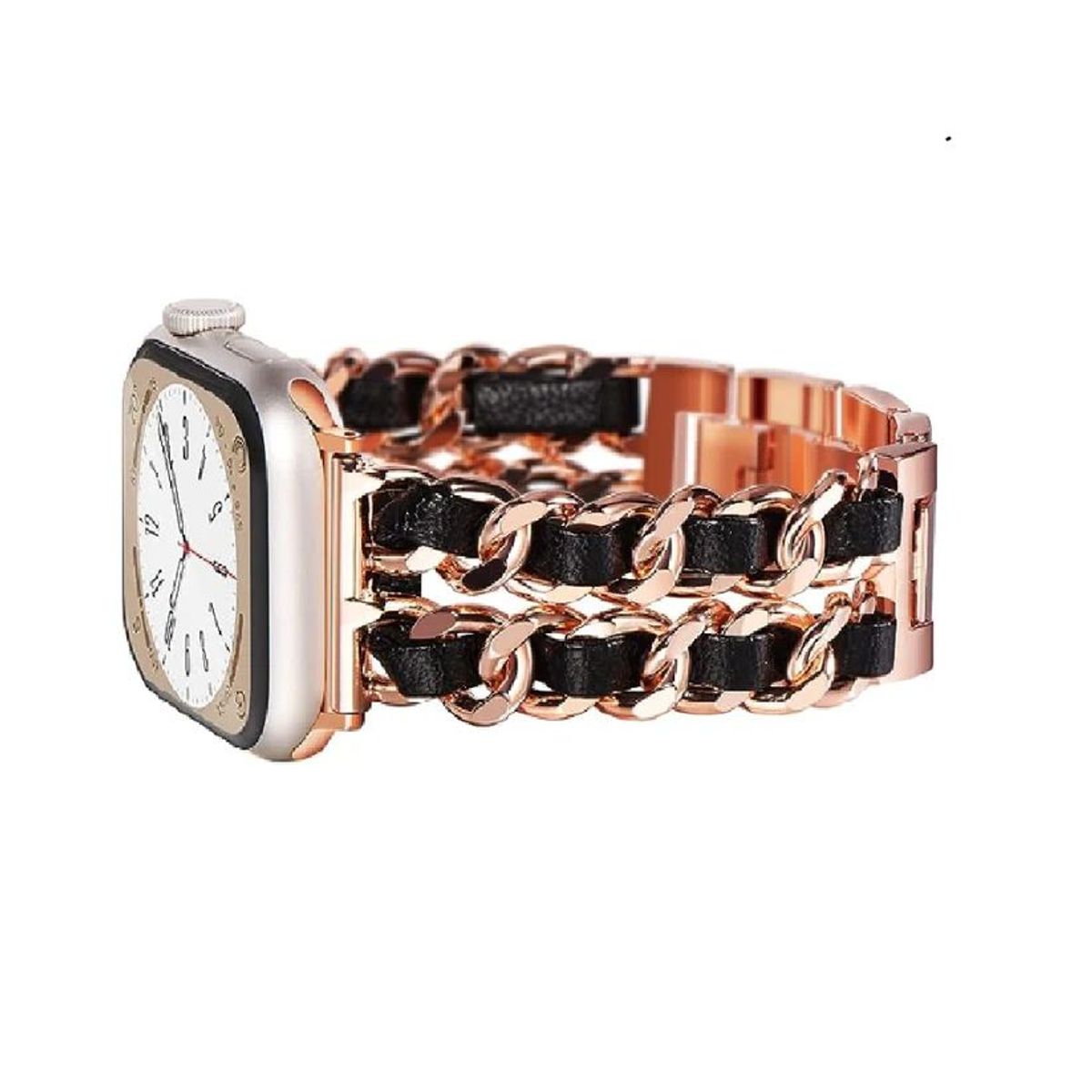 GENERICO - Correa Eslabones Con Cuero Applewatch 38mm-40mm-41mm - Rosa Gold-Negro