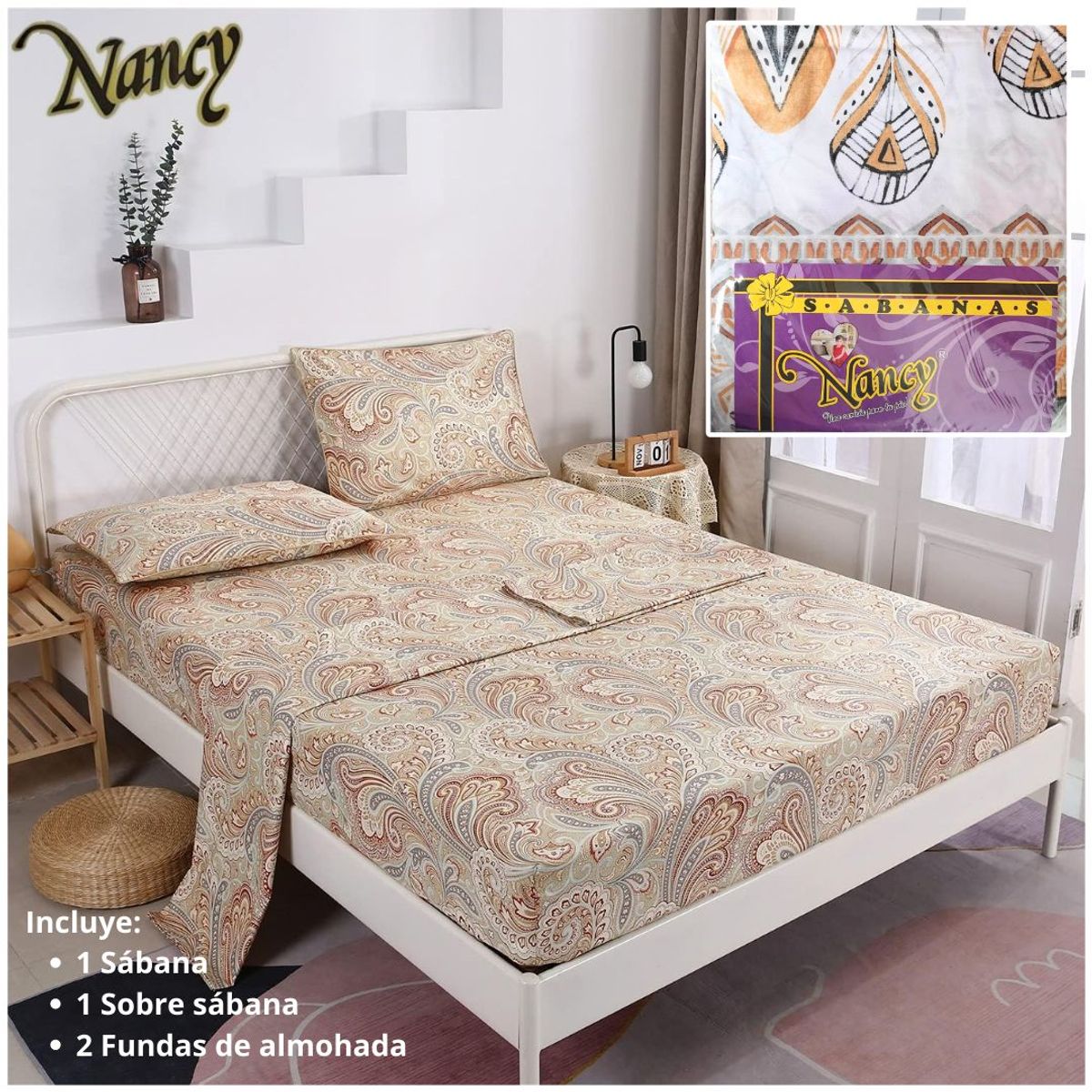 INSPIRA MARKET - Juego de sábanas ecuatorianas Sábanas Nancy 2 1/2 plazas Queen