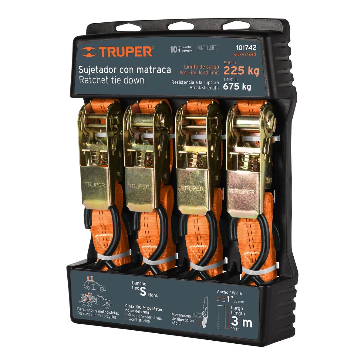 TRUPER - Juego de 4 sujetadores con ratchet carga máxima 675 kg Truper