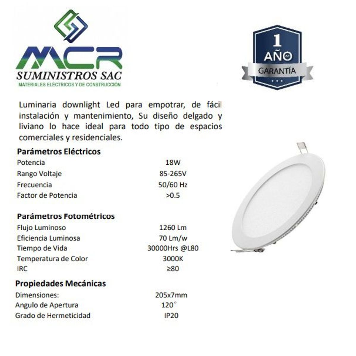 GENERICO - Downlight para empotrar 18W luminaria Luz calida 3000K IP20 LED