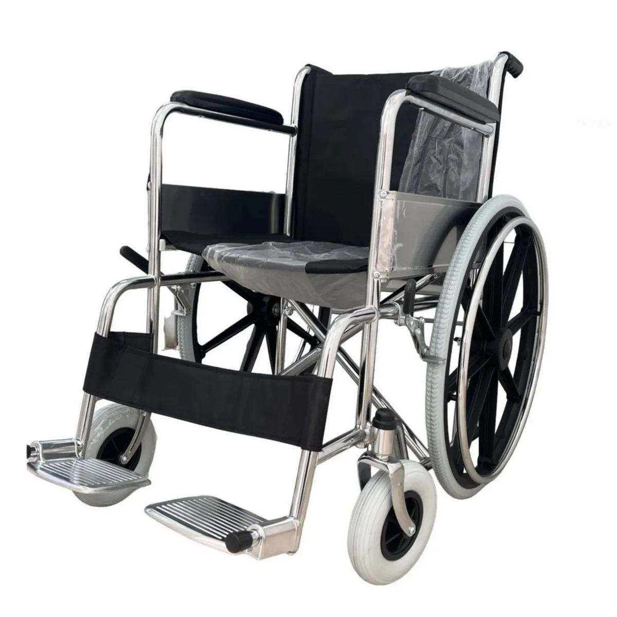 OEM - SILLA DE RUEDAS STANDAR  ACERO CROMADO - LLANTAS DE GOMA TODO TERRENO