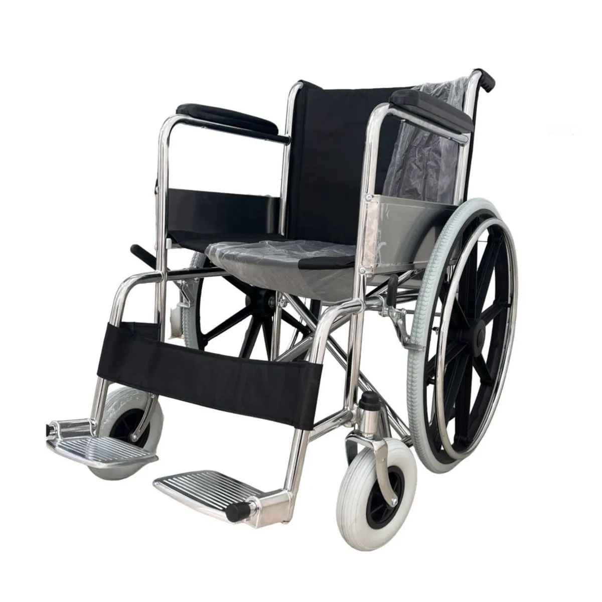 OEM - SILLA DE RUEDAS STANDAR  ACERO CROMADO - LLANTAS DE GOMA TODO TERRENO