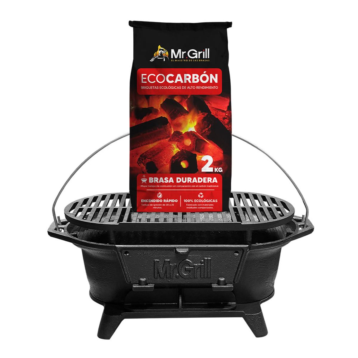 MR GRILL - Parrilla de Hierro Fundido Iron Grill + Eco carbón Ecológico 2 kg