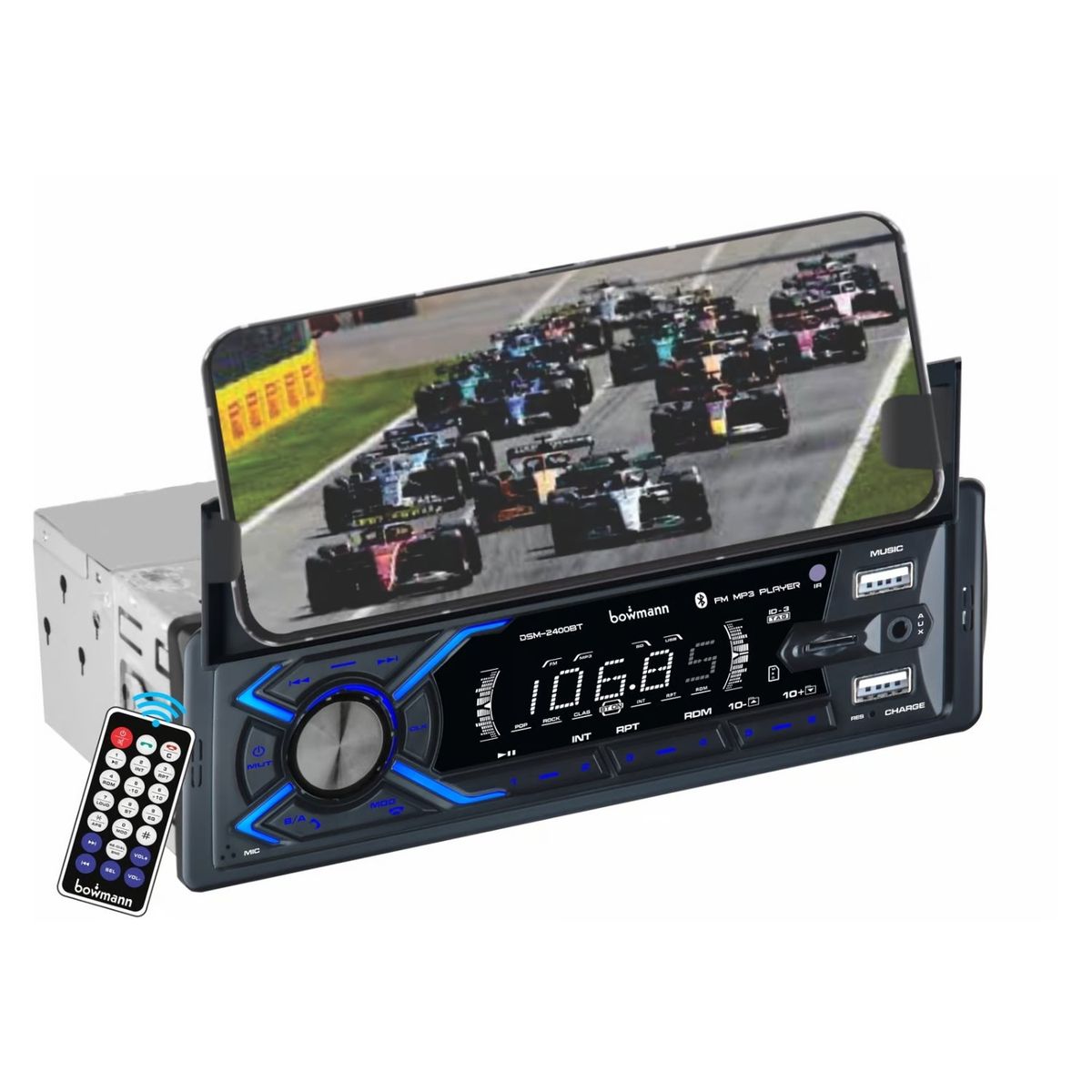 BOWMANN - Autoradio Bowmann Bluetooth USB AUX SD Soporte de Celular 7 Colores