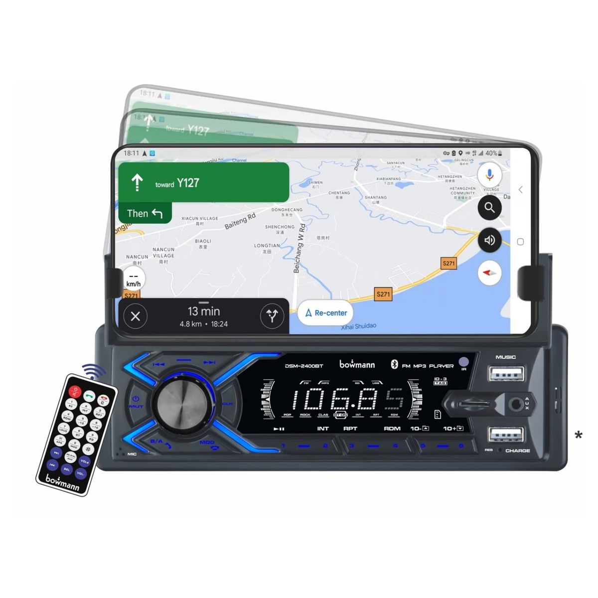 BOWMANN - Autoradio Bowmann Bluetooth USB AUX SD Soporte de Celular 7 Colores