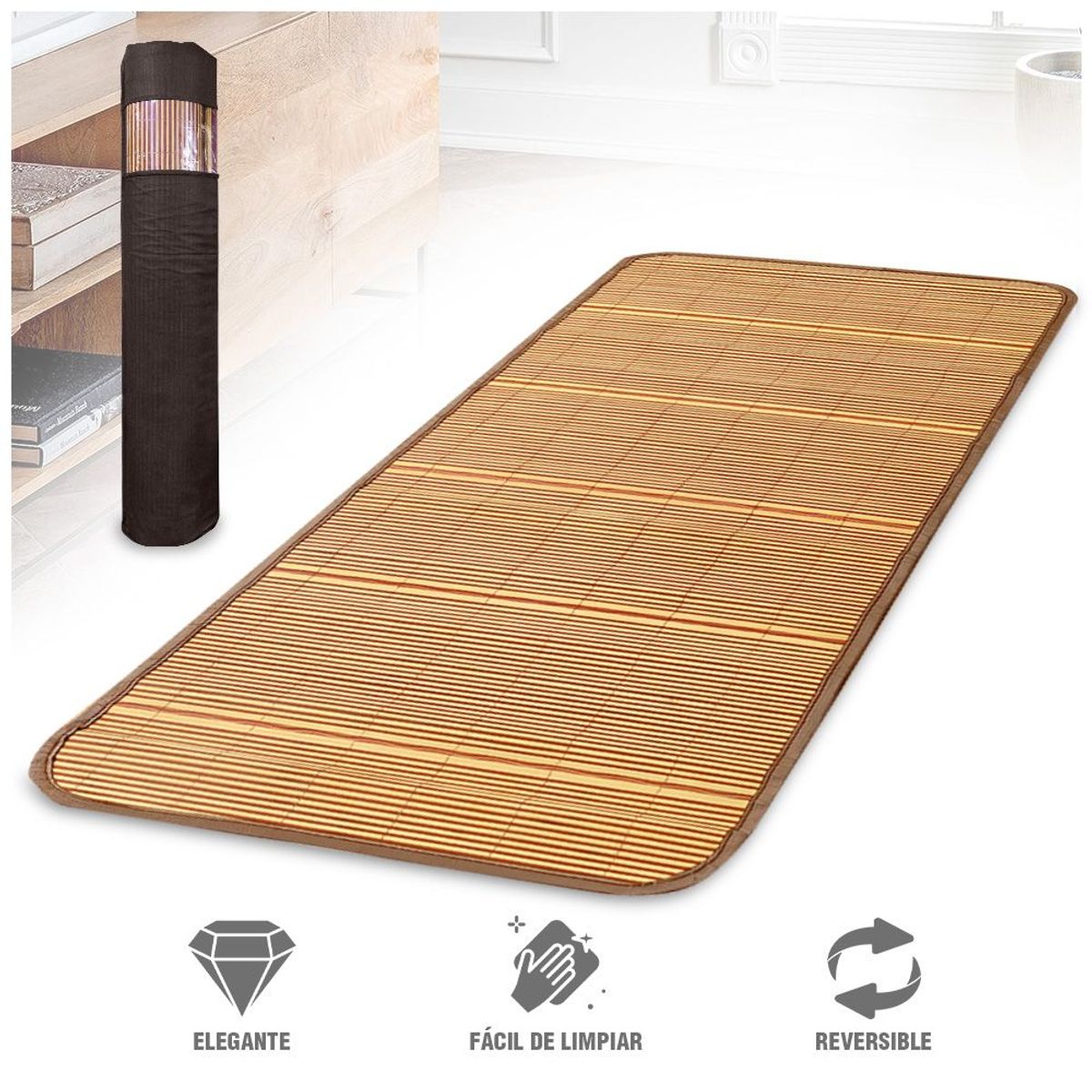 KELLER - Tapete Alfombra para Piso Petate de Bambú Reversible con Funda D64