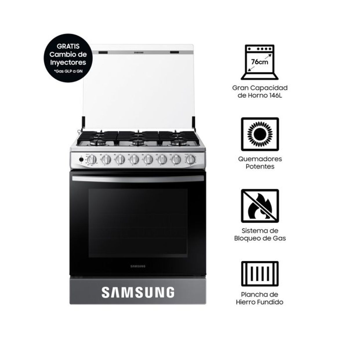 SAMSUNG - COCINA A GAS SAMSUNG 6 HORNILLAS BLACK SMOG 76CM