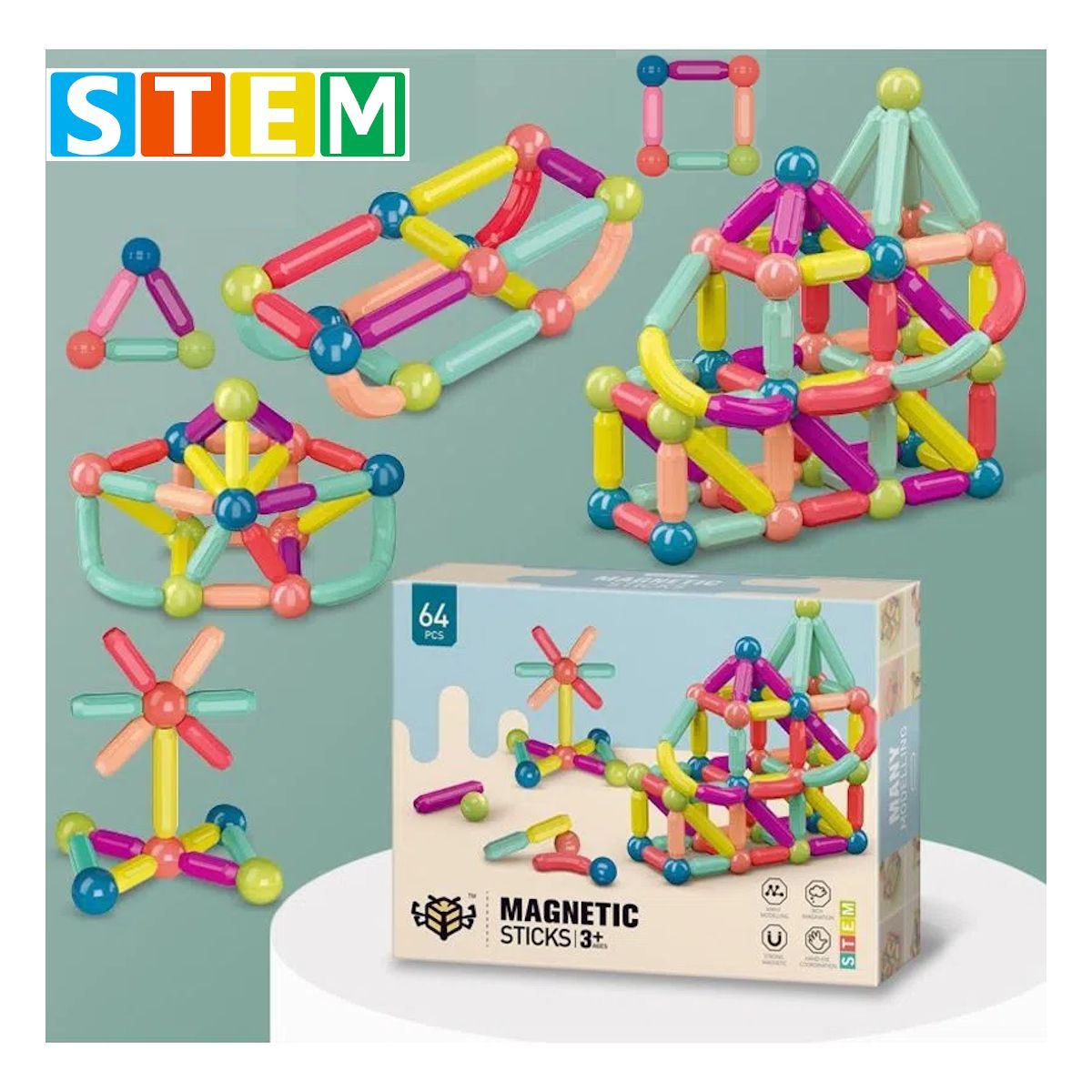 STM - Bloques magnéticos didácticos STEM 64pz DÚO PACK 128 piezas