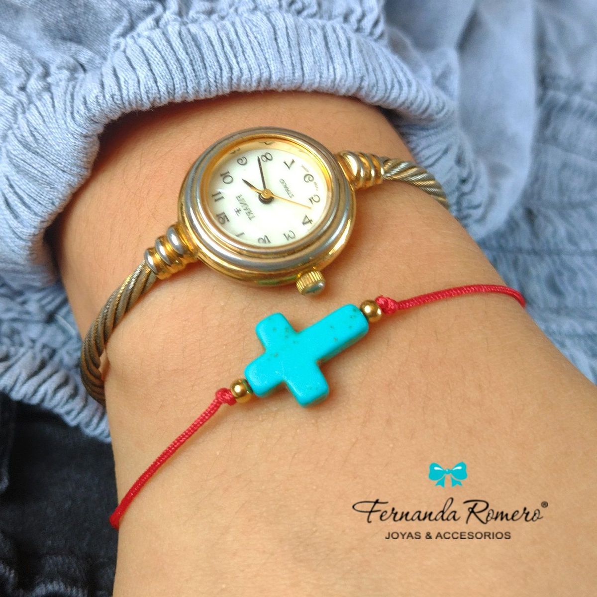 FERNANDA ROMERO JOYAS Y ACCESORIOS - Pulsera Cruz Piedra Natural protección energías negativas - TURQUESA