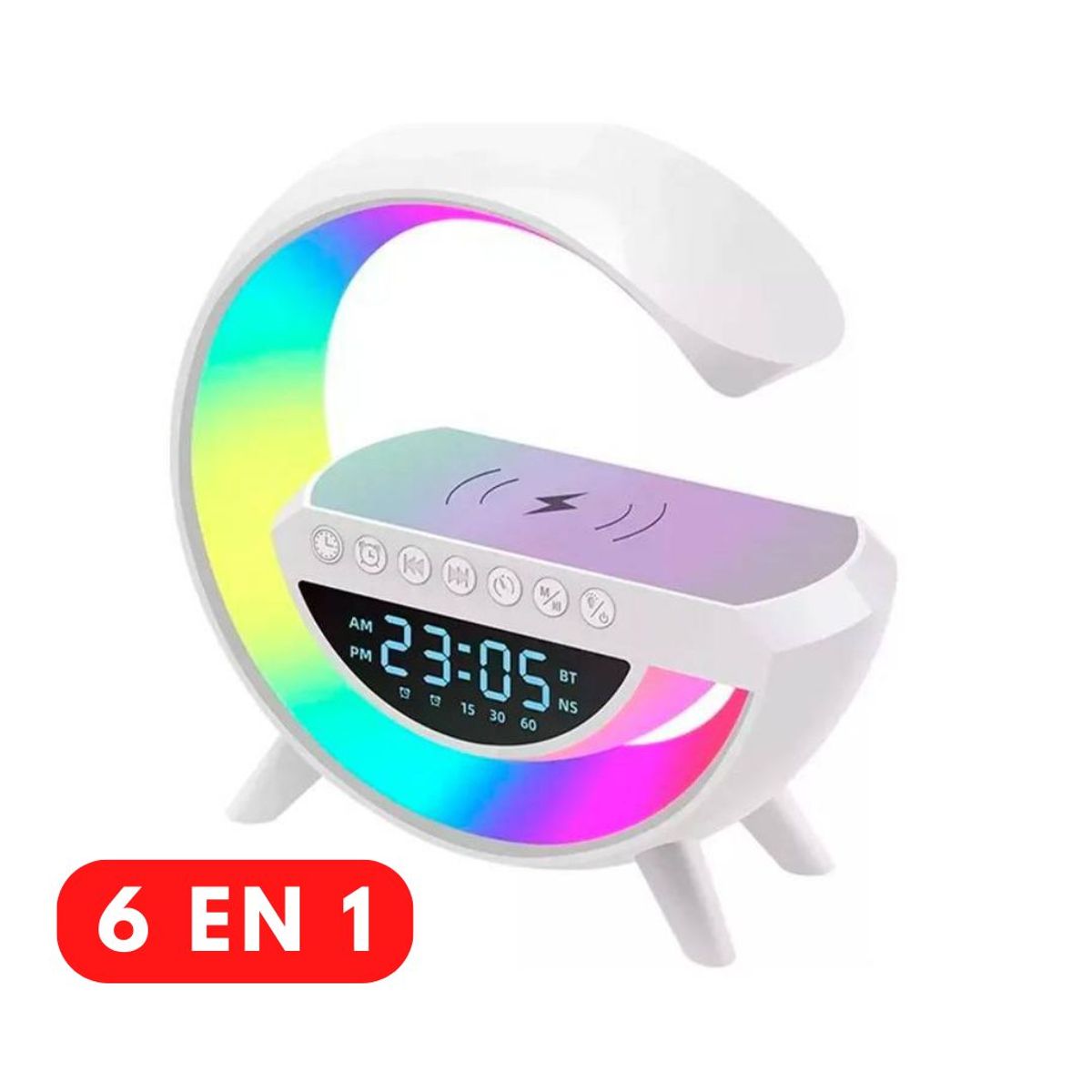 GENERICO - Lampara G Smart 6 en 1 Luz RGB Parlante Reloj Cargador Inalámbrico