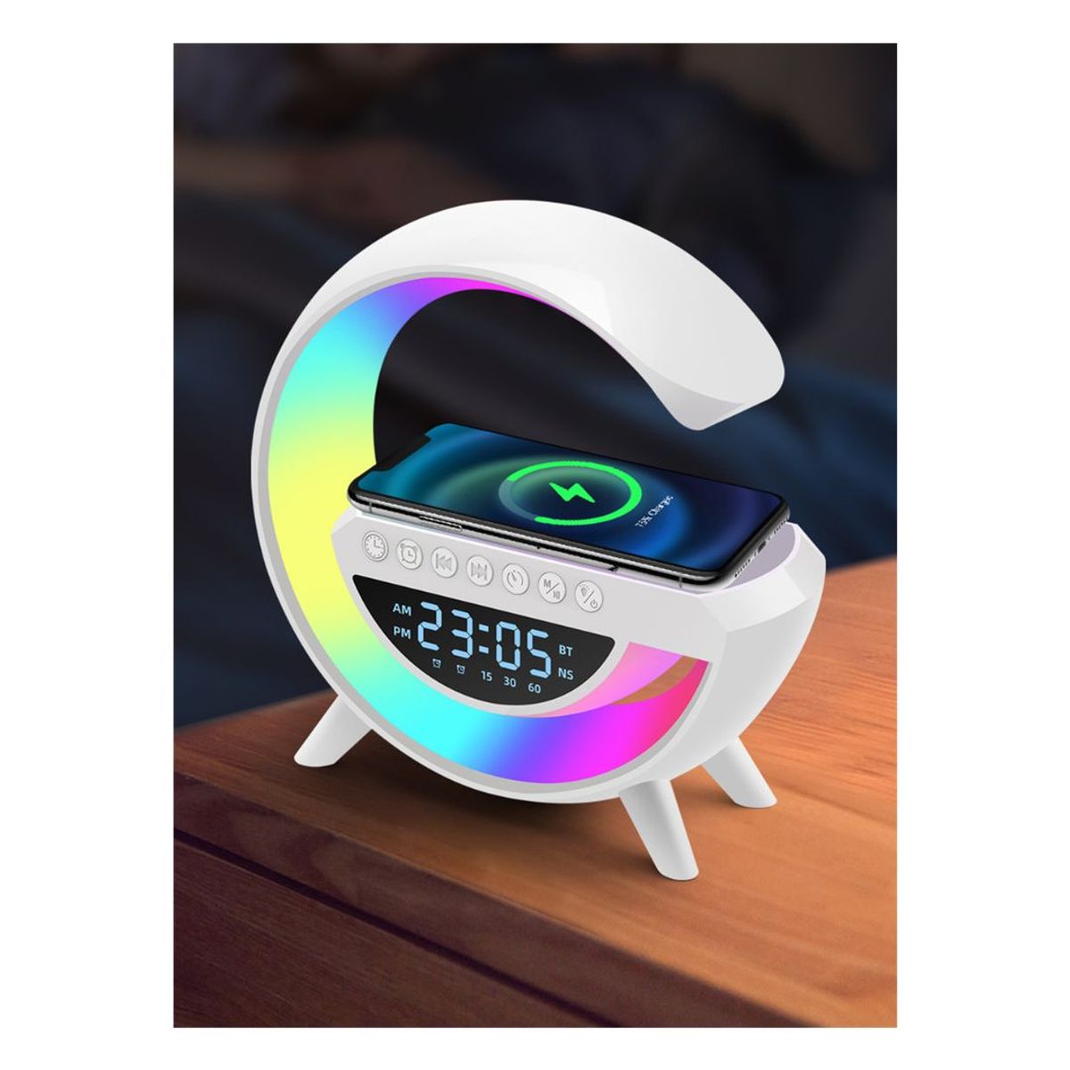 GENERICO - Lampara G Smart 6 en 1 Luz RGB Parlante Reloj Cargador Inalámbrico