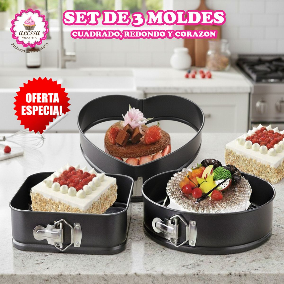 GENERICO - Set de 3 Moldes Desmontables Antiadherentes para Repostería