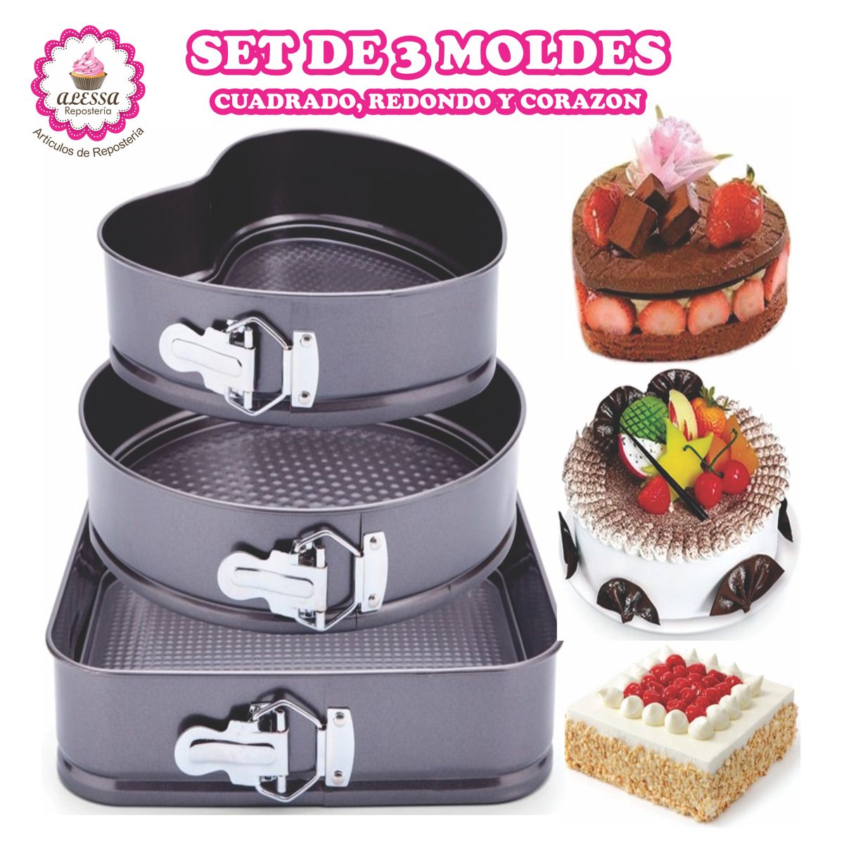 GENERICO - Set de 3 Moldes Desmontables Antiadherentes para Repostería