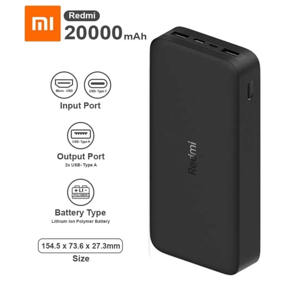 XIAOMI - Cargador Portatil Xiaomi Redmi PowerBank 20000mAh 18W Carga Rapida 3.0