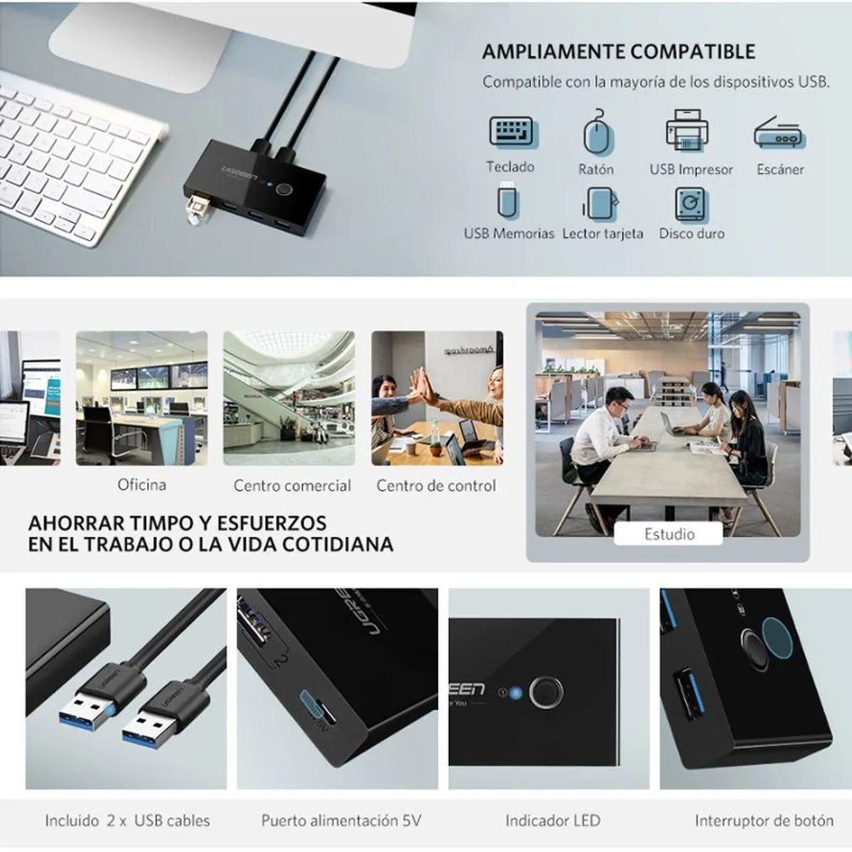 UGREEN - Adaptador Conmutador KVM Switch 2en4 UGREEN 4X USB Transmisión 2 PC