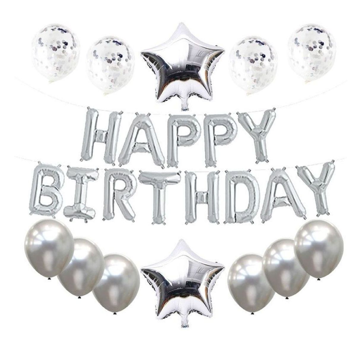 GENERICO - Set de globos Happy Birthday PLATA.