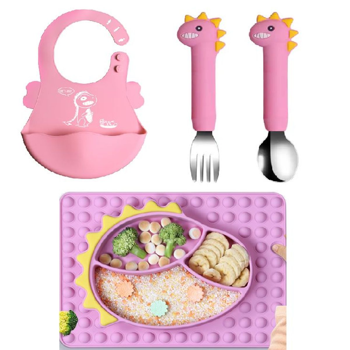 GENERICO - Plato para bebe con cubiertos modelo dinosaurio ROSADO