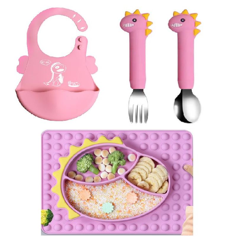 GENERICO - Plato para bebe con cubiertos modelo dinosaurio ROSADO