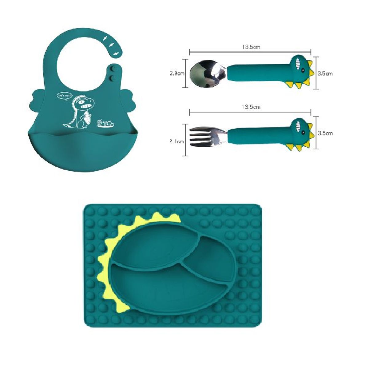 GENERICO - Plato para bebe con cubiertos modelo dinosaurio VERDE