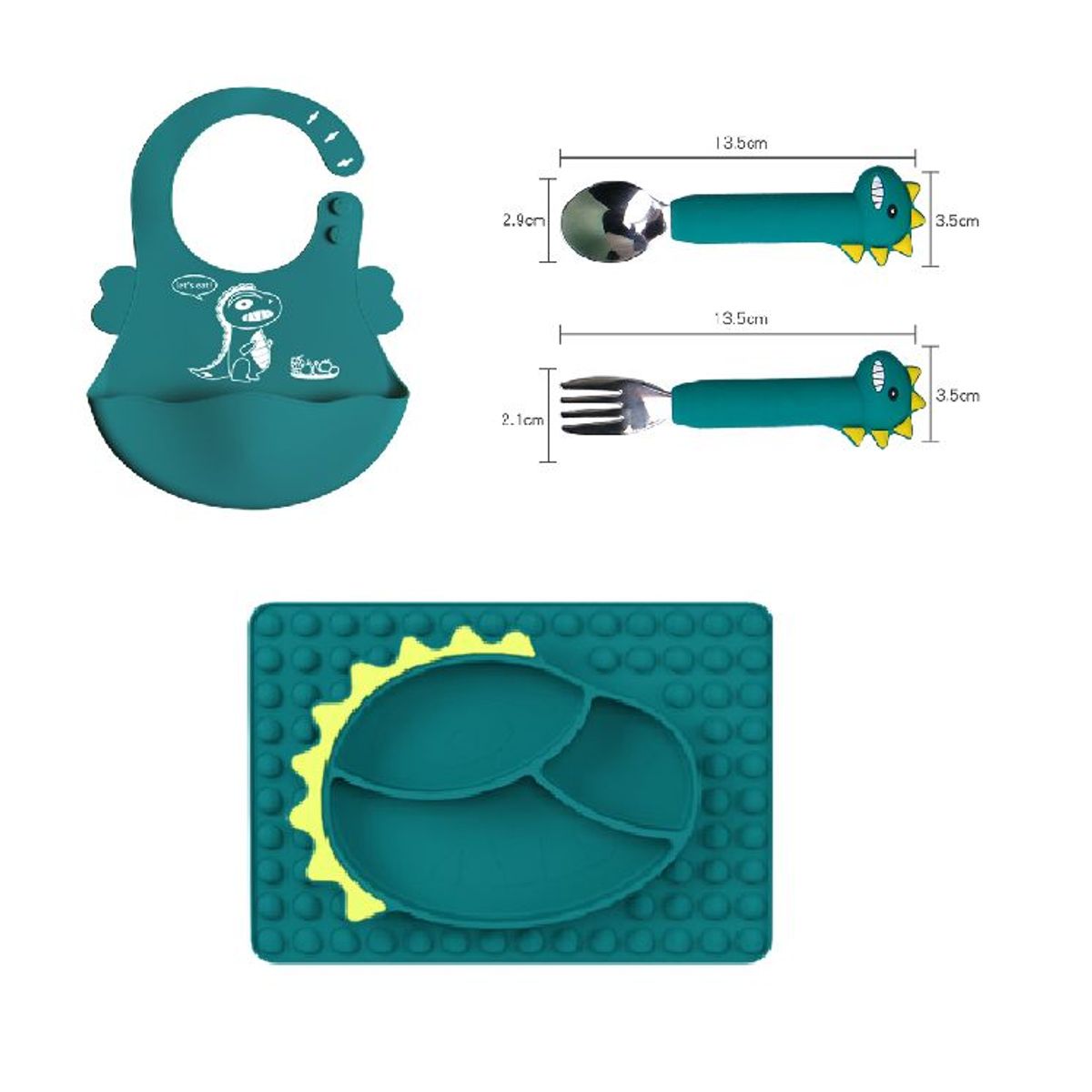 GENERICO - Plato para bebe con cubiertos modelo dinosaurio VERDE