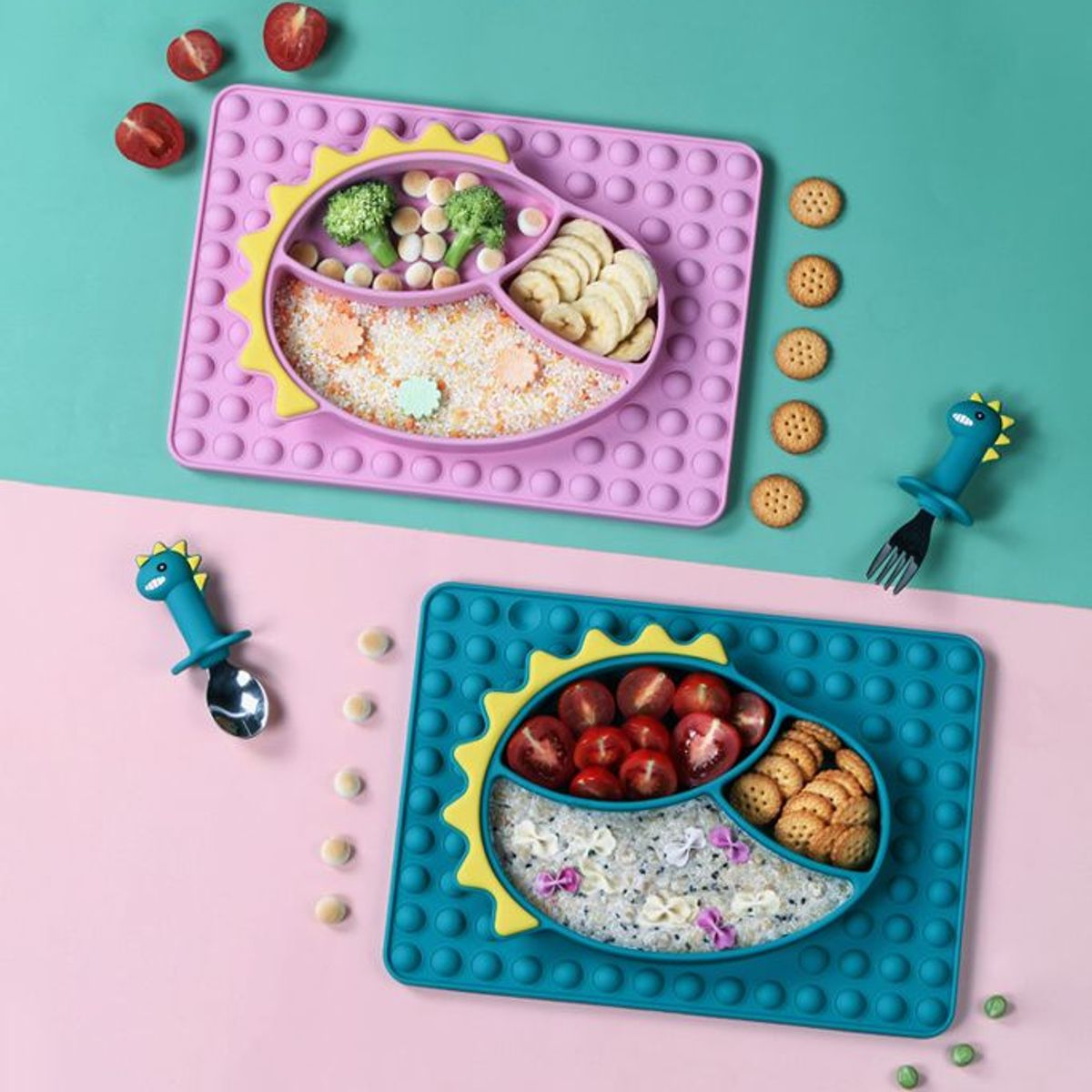 GENERICO - Plato para bebe con cubiertos modelo dinosaurio VERDE