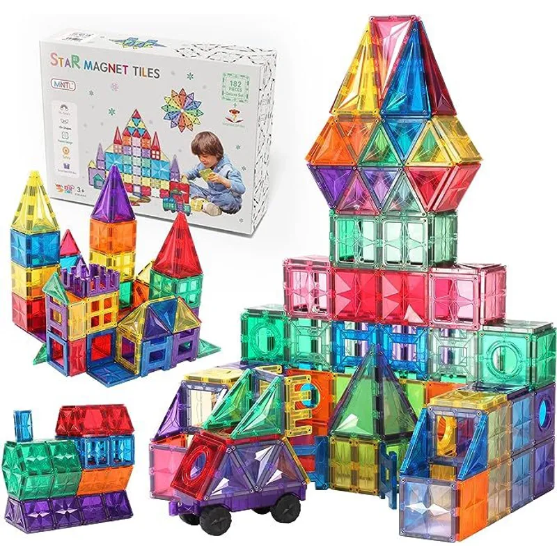 GENERICO - BLOQUES MAGNÉTICOS EDUCATIVOS  MNTL DE 182 PIEZAS + CAJA DE REGALO