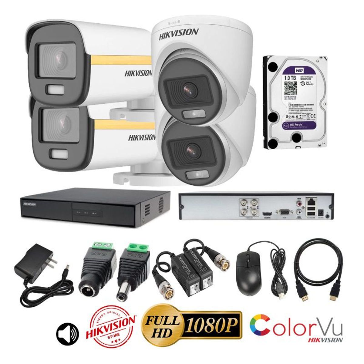 HIKVISION - kit 4 Cámaras Seguridad FULLHD Color VU con AUDIO Hikvision + 1TB