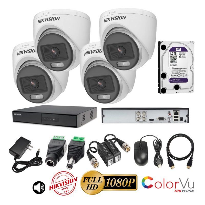 HIKVISION - kit 4 Cámaras Seguridad Domo FULLHD Color VU con AUDIO Hikvision + 1TB