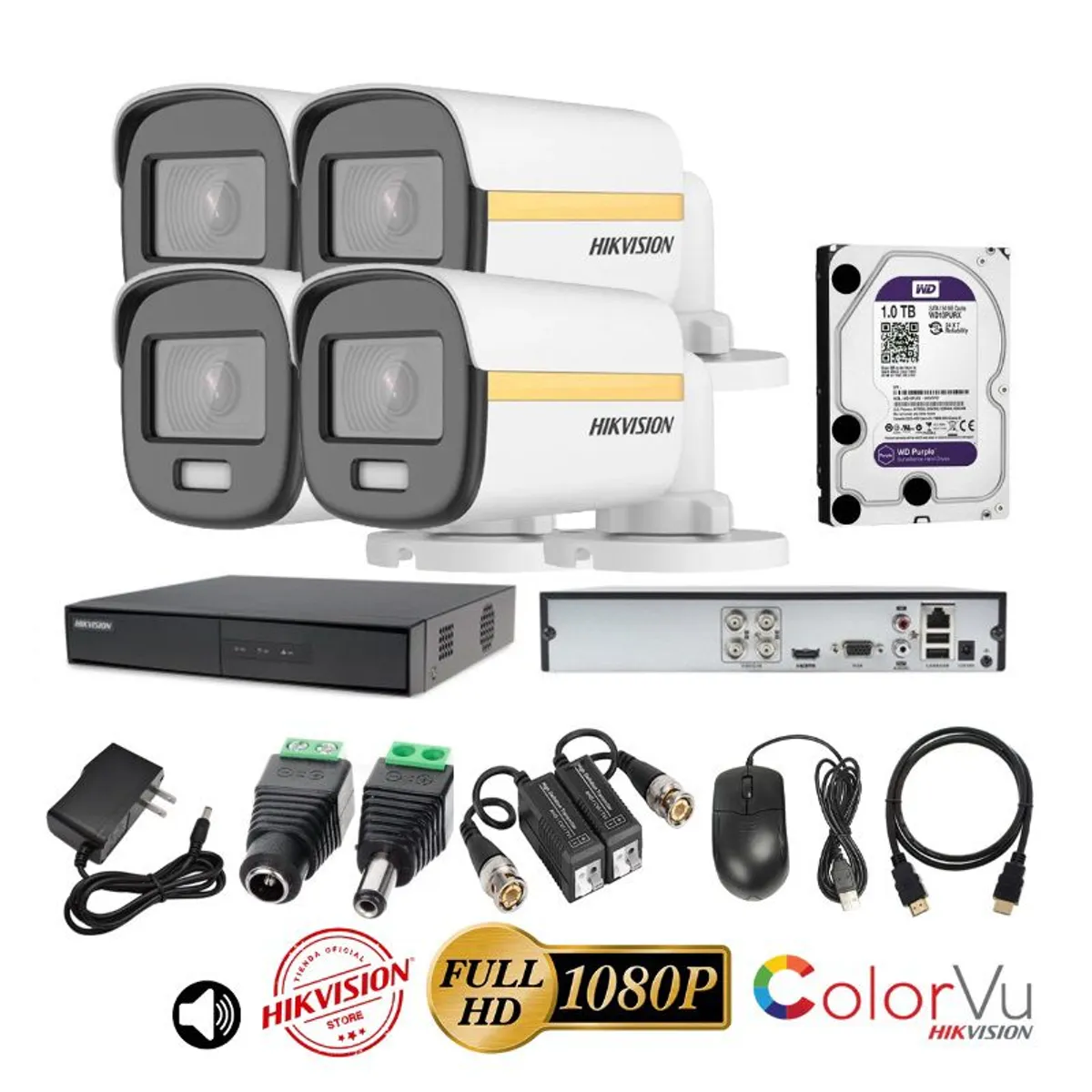 HIKVISION - kit 4 Cámaras Seguridad Tubo FULLHD Color VU con AUDIO Hikvision + 1TB
