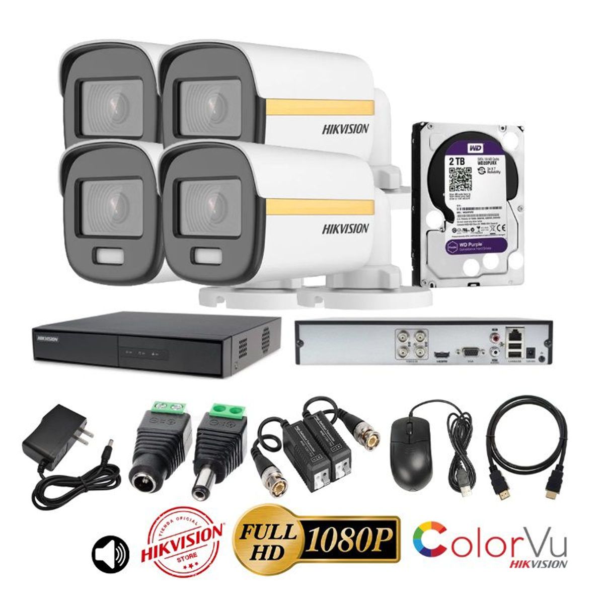HIKVISION - kit 4 Cámaras Seguridad Tubo FULLHD Color VU con AUDIO Hikvision + 2TB