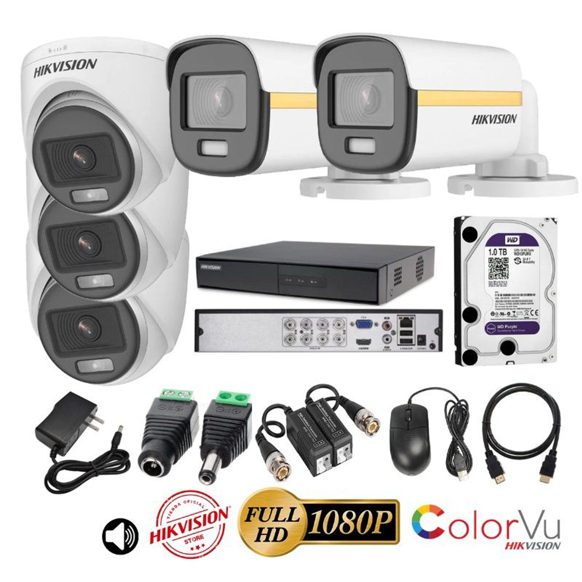 HIKVISION - kit 5 Cámaras Seguridad FULLHD Color VU con AUDIO Hikvision + 1TB