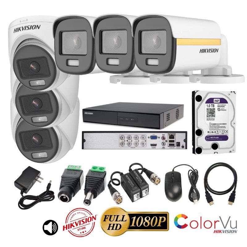 HIKVISION - kit 6 Cámaras Seguridad FULLHD Color VU con AUDIO Hikvision + 1TB