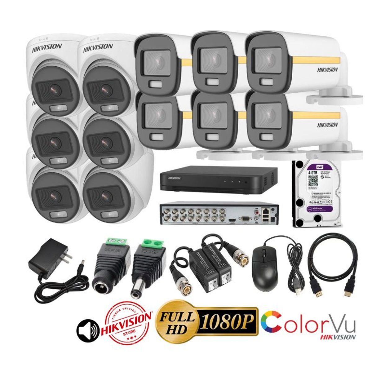HIKVISION - kit 12 Cámaras Seguridad FULLHD Color VU con AUDIO Hikvision + 4TB