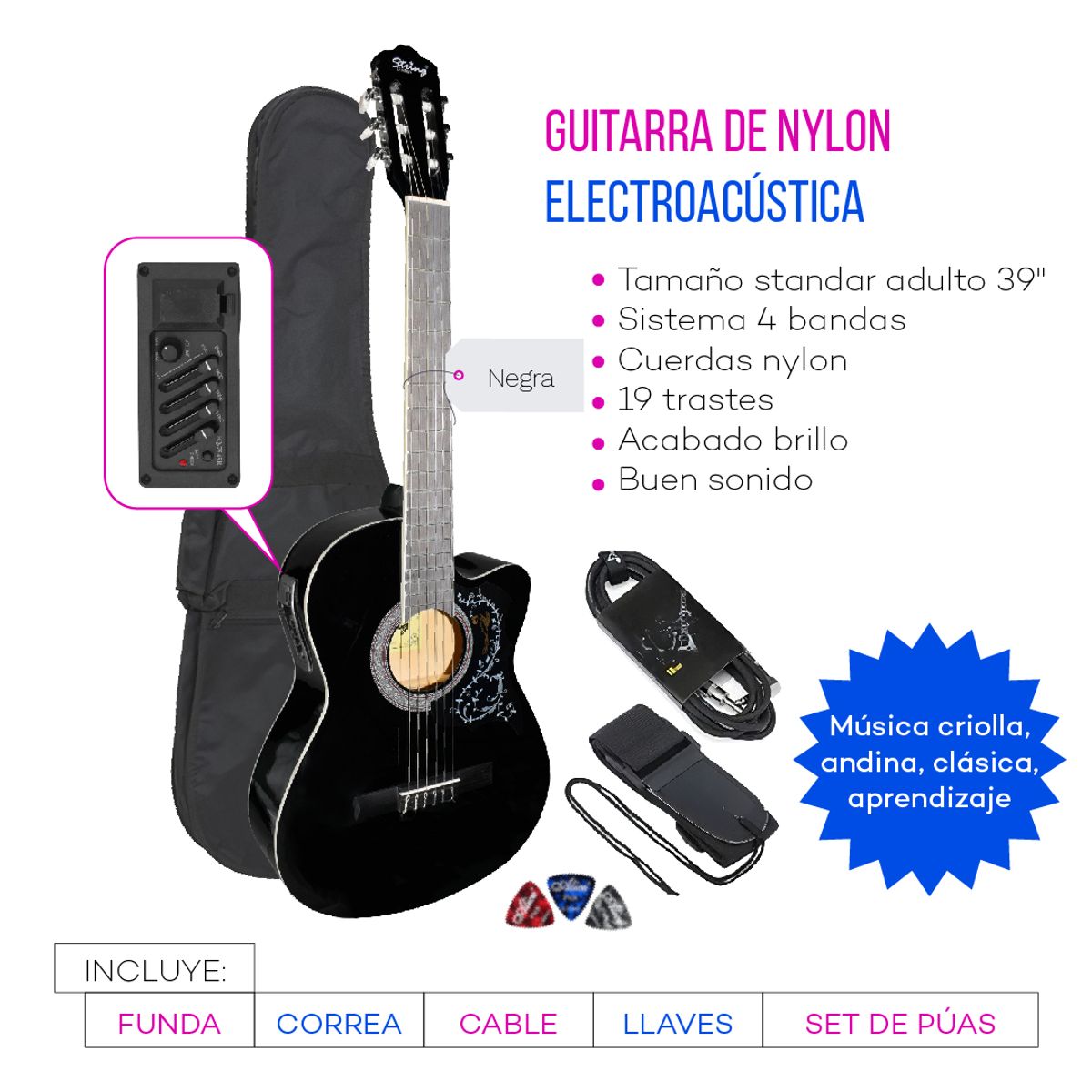 GENERICO - GUITARRA ELECTROACUSTICA NYLON NEGRO