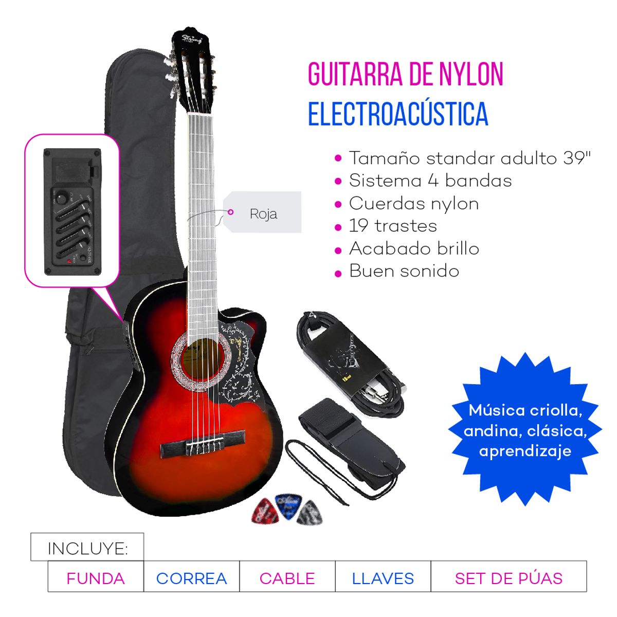 GENERICO - GUITARRA ELECTROACUSTICA NYLON ROJA
